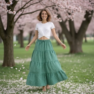 Falda de verano informal de mujer gitana Bohemia elegante con estampado de bloque blanco y verde - Product Image 1