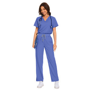 Ensemble de blouses médicales unisexes à manches courtes en tricot de qualité supérieure, col en V, pantalon cargo droit, uniforme médical, logo personnalisé - Product Image 5
