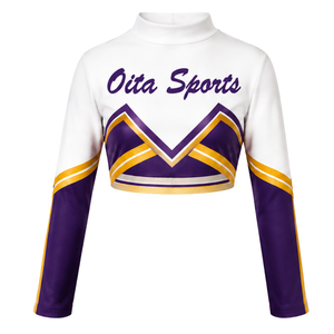 Maillot de cheerleading sublimé violet et or à manches longues – Tenue de sport athlétique pour entraînement, performance, compétition et match - Product Image 1