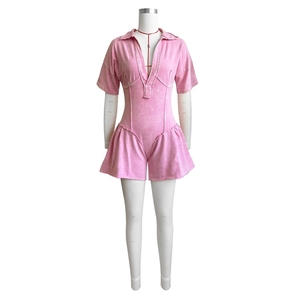 <b>Womens</b> Pink Short Sleeve Turn Down <b>Collar</b> Romper High Waist Solid Ruffle Playsuit Summer Sexy Club Jumpsuit - Product Image 1