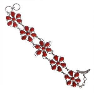 Vintage 925 Sterling Silver <b>Red</b> Coral Stone Flower <b>Bracelet</b> Women's Chain Link Jewelry Everyday Wear Bezel Set <b>Red</b> Stone Design - Product Image 1