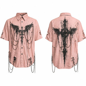 Chemise gothique pour homme à manches courtes, coupe oversize, avec imprimé église, chaînes et détails déchirés, bleu foncé, en coton tissé - Product Image 4