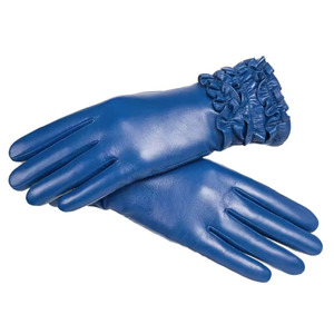 ถุงมือหนังสีน้ำเงินวินเทจยาวถึงข้อมือพร้อมปลายแขนจับจีบสำหรับงานปาร์ตี้ฤดูใบไม้ผลิฤดูใบไม้ร่วงไม่บุซับใน - Product Image 1