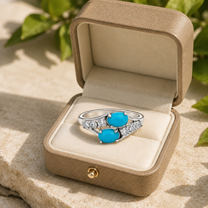 <b>Turquoise</b> 925 Sterling Silver Luxury Unisex <b>Ring</b> with Twin Oval Cabochons in Bezel Setting for Wedding/Party/Gift - Product Image 6