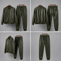 Ensemble veste bomber longue et pantalon en cuir PU marron pour homme, fermeture éclair frontale couleur unie, tenue décontractée d'automne, coupe régulière, style sport rapide