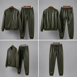 Men's Brown PU <b>Leather</b> <b>Long</b> Bomber <b>Jacket</b> Pants Set Front Solid Color Zipper Closure Casual Autumn Wear Regular Fit Speed Sports - Product Image 3