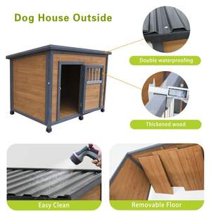 Casa de perro grande de madera maciza de 45 "con techo de plástico PVC impermeable y puertas de madera transpirables, casas y muebles para mascotas - Product Image 3