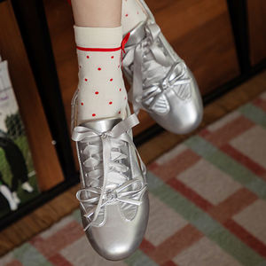 Zapatos Planos de Ballet de Cuero Genuino para Mujer Ann'S, Cierre con Tiras y Lazo, Tacón Bajo Informal, Color Plateado, para Todas las Temporadas - Product Image 2