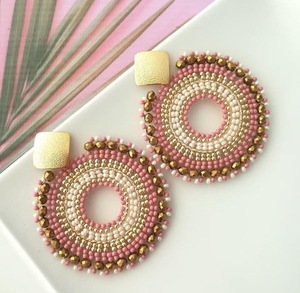 Pink Beaded Drop <b>Earrings</b> Bohemia Geometric <b>Threader</b> Ear Jewelry Handmade Stainless Steel for Party Gift - Product Image 1