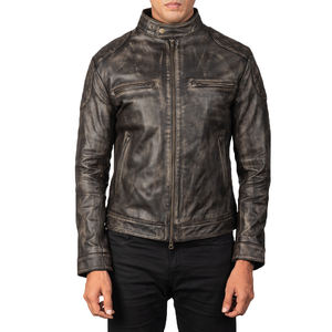 Blouson Bomber Homme Vintage en Cuir Marron Vieilli Col Mandarin Coupe Ample Fermeture Éclair Style Motard en Cuir Véritable Enduit Hiver - Product Image 4