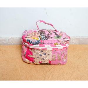 Hermoso juego de 3 bolsas de algodón acolchadas con estampado de bloques, neceser de viaje para mujer, bolsas y estuches de almacenamiento para cosméticos - Product Image 1