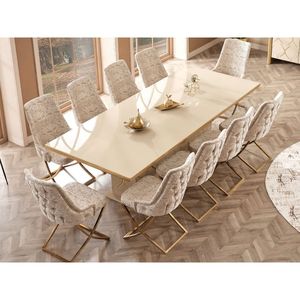 Juego de Comedor Moderno de Lujo en Madera de Teca Sólida Color Crema, 6 Sillas, Mesa Rectangular, Muebles Contemporáneos para Cocina de Villa - Product Image 1
