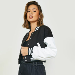 Wholesale Custom Hot Fit Crop Women's <b>Varsity</b> Baseball <b>Jacket</b> High Quality Crop Top with Long Winter Sleeves Blank Leather - Product Image 2