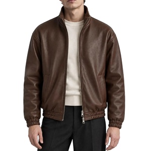 Premium Quality Brown <b>Leather</b> <b>Bomber</b> Jacket <b>Men</b> Stand Collar Zipper Closure Casual Autumn Wear Regular Length Solid Color - Product Image 1