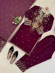 Wine Heavy Roman glass Embroidered Kurta Palazzo Set withThread with sequnce & Designer Lace Dupatta - Product Image 6