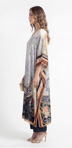 Vestido Largo Kaftán de Poliéster y Seda con Estampado y Cuello en V para Mujer, Transpirable, Holgado, Elegante, Fluido, Estilo Modesto, para Verano - Product Image 4