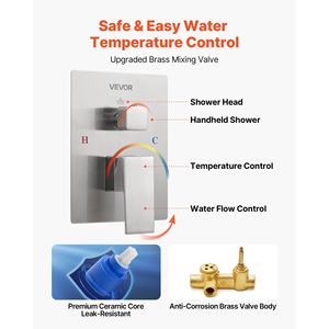 12" Square Brass Rain Shower Head and Hand Set with Ceramic Valve Core Brushed <b>Nickel</b> Premium Bath & Shower Faucet Set - Product Image 5