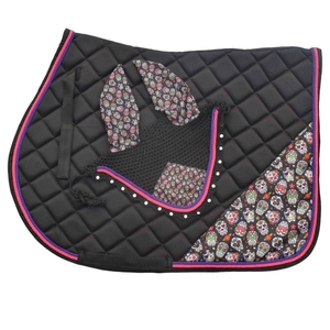 Tapis de selle et bonnets assortis de la série Horse Black SKULL, style anglais, en tissu coton, pour équitation anglaise, tapis de selle polyvalent. - Product Image 2