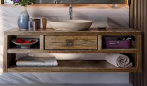 Mueble de Baño Rústico de Madera Maciza con Estante Abierto, Diseño de un Solo Cajón y Acabado Natural para Baño Moderno - Product Image 4