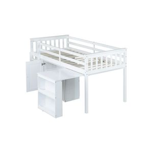 Letto a soppalco singolo in legno di gomma con armadio contenitore e scrivania estraibile, letti per bambini con sponda di sicurezza - Product Image 5