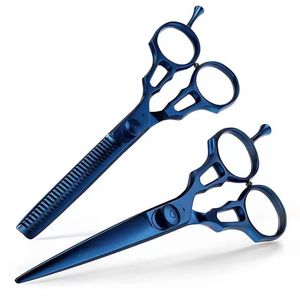 Ensemble de ciseaux à effiler les cheveux en acier inoxydable bleu 440C pour droitiers, manche long, usage professionnel en salon - Product Image 4