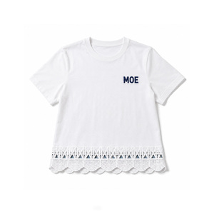 Y2K Fashion women's shirt Lace Hem Minimalist Knitted Cotton Top Chenille Embroidery Casual Tee Custom Logo Spring Summer Tshirt - Product Image 3