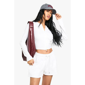 Ensemble décontracté pour femme : Crop top blanc tricoté à fermeture éclair et short assorti, manches longues, col rond, couleur unie, idéal printemps-été - Product Image 5