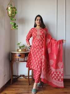 Traje Tradicional Indio de Algodón Estampado a Mano con Dupatta de Algodón, Conjunto Cosido Listo para Usar, Venta al Por Mayor - Product Image 1