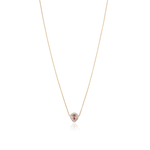 Collier pendentif solitaire en forme de poire avec halo de saphir rose et diamants de qualité supérieure, bijoux empilables pierre de naissance en or jaune véritable 18 carats - Product Image 1