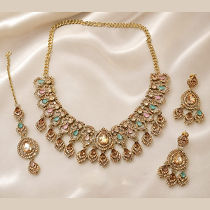 Austrian <b>Gold</b> Plated Crystal Stone Necklace <b>Set</b> with Earrings Maang Tikka | Indian Ethnic Bridal Wedding Anniversary <b>Jewelry</b> <b>Set</b> - Product Image 3