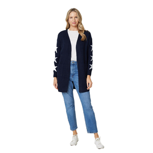 Cárdigan Largo de Punto para Mujer, Azul Marino con Diseño de Estrellas, Cuello en V, Manga Larga, Estilo Casual para Otoño - Product Image 2