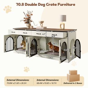 70.8\" Large Dog <b>Crate</b> Furniture with Removable Divider Door & 4 <b>Storage</b> Drawers Indoor Kennel End Table for 2 Dogs - Product Image 6