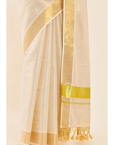 Sari en soie Kasavu KV Gold Tissue avec pallu et bordure Zari, réversible et infroissable, chemisier non cousu inclus - Product Image 3
