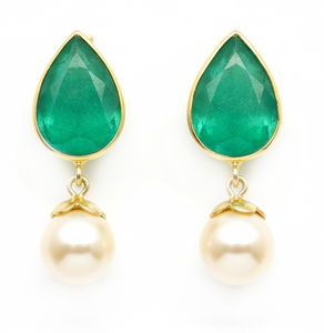Pendientes clásicos chapados en oro de plata 925 con cristal verde talla pera y perla de imitación para mujer, joyería de fiesta - Product Image 5