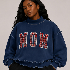 Wholesale Custom Women's Oversized <b>Mock</b> <b>Neck</b> MOM Plaid Chenille Applique Sweatshirt Custom Logo Loose Fit Ruffle Trim <b>Tops</b> - Product Image 2