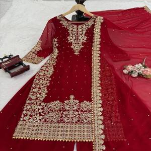 Conjunto Kurti Palazzo de Georgette Sintético VASTRA COTTAGE con Lentejuelas, Remaches, Moti y Encaje, para Fiesta, Estilo Étnico - Product Image 6