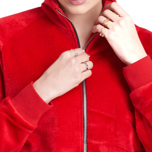 Chándal de Terciopelo Rosa para Mujer de la Mejor Calidad, Manga Larga, con Capucha, Color Sólido, Bolsillos Laterales, Cierre con Cordón, Ropa de Otoño - Product Image 4