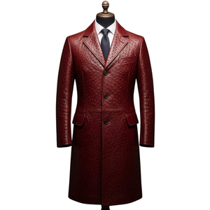 Manteau long en cuir véritable rouge pour homme, col à revers, simple boutonnage, manches classiques, gaufré, coupe ajustée - Product Image 5