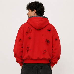 Wholesale Custom Flame Graphic <b>Hoodie</b> Men Oversized <b>Red</b> Vintage Streetwear Full Zip Distressed Hooded Jacket OEM Supplier - Product Image 4