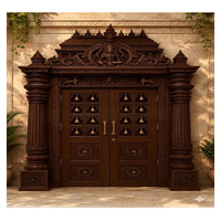 Porte de salon sur mesure en teck, style traditionnel du sud de l'Inde, avec sculptures de paons et piliers en forme d'éléphant, style Devghar.