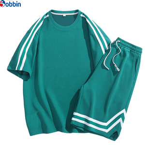 Custom Men Short Set New Fashion Summer Set With <b>Strips</b> shorts set Trendy Men's Short Sleeve Crew Neck Loose Student shorts set - Product Image 4