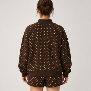 Ensemble short 2 pièces pour femme, marron chocolat, micro-points, col montant, vêtements de sport décontractés personnalisés - Product Image 2