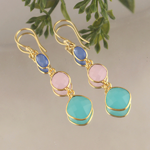 Multiple chalcedony checker cut fancy stone bezel setting drop <b>hook</b> <b>earring</b> handmade 18k gold plated gemstone dangle ear jewelry - Product Image 3