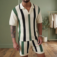 Men's Color Blocking Polo Shirt Shorts Set Knitted Casual Summer Wear Breathable Cotton Polo Collar Design Customized Colors