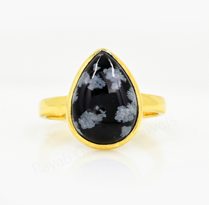 Bague en argent 925 plaqué or 18 carats, forme poire 10x14mm, sertie à la main, obsidienne flocon de neige, pour femme, bijoux de mode - Product Image 1