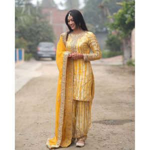 Conjunto de Salwar Kameez de Seda con Top-Patiala y Dupatta, con Estampado Digital y Bordado Pesado con Lentejuelas, para Fiesta, Talla XL - Product Image 4