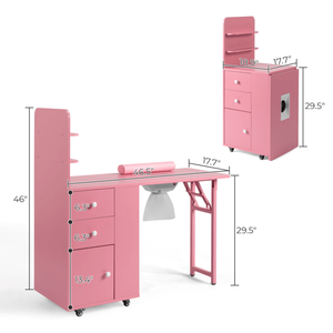 Tavolo per Unghie in MDF Rosa con 2 Cassetti, Ripiano Portaoggetti e Design Pieghevole - Product Image 4
