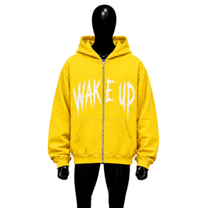 Sudadera con capucha extragrande amarilla con cremallera completa y estampado gráfico Wake Up, estilo urbano informal para hombre - Product Image 1