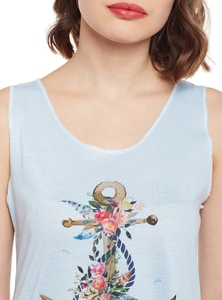 Camiseta sin mangas con estampado floral azul claro para mujer, cuello redondo, de punto, de algodón, sin mangas, informal, para verano - Product Image 3