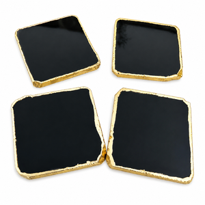 Wholesale Price Natural Black Agate Stone <b>Coasters</b> Gold Electroplated Edge Handmade Polished Crystal <b>Drink</b> Set Feng Shui Home - Product Image 3